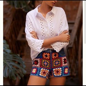 Farm Rio Ultra High-Rise Crochet Denim Shorts